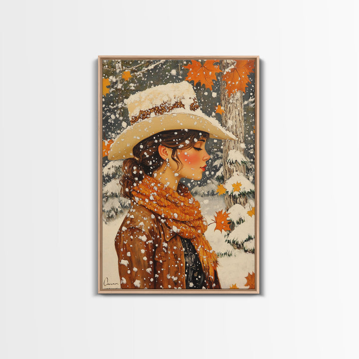 Snowy Cowgirl in Fall Scene Canvas Print, Seasonal Holiday Art, Rustic Christmas Decor, Farmhouse Wall Art, Winter Wonderland Wall Print