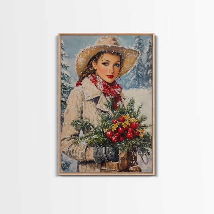 Cozy Christmas framed canvas print woman carrying holiday greenery in snowy winter scene perfect for vintage Christmas home decor