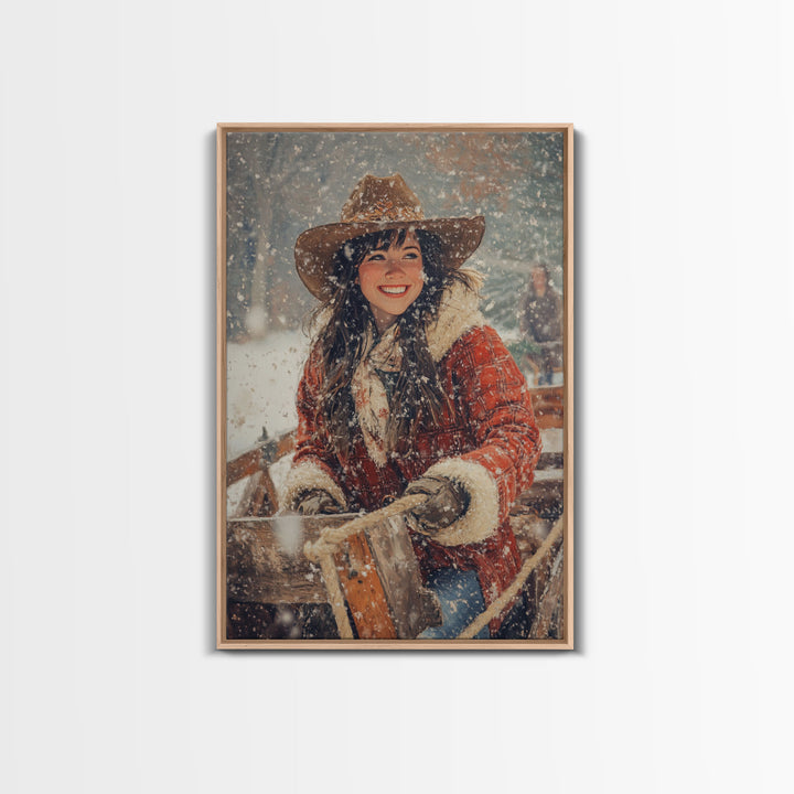Country Christmas framed canvas print cheerful woman enjoying a snowy ride perfect seasonal wall art or vintage holiday home decor idea