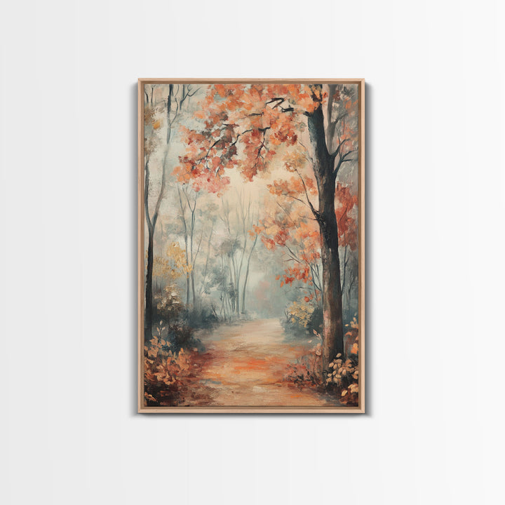 Framed Canvas Print of Foggy Autumn Forest with Red Leaves, Moody Landscape Wall Art, Fall Seasonal Decor, Best Gift Idea, Modern Farmhouse
