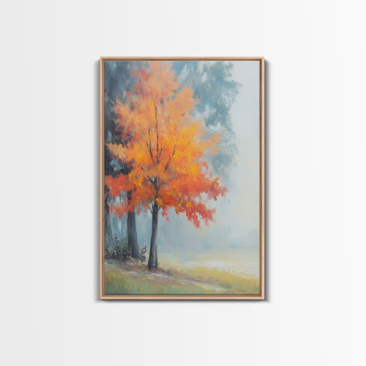 Canvas Print of Vibrant Autumn Tree in Misty Background, Seasonal Wall Art, Fall Decor, Best Gift Idea, Modern Farmhouse Landscape Art