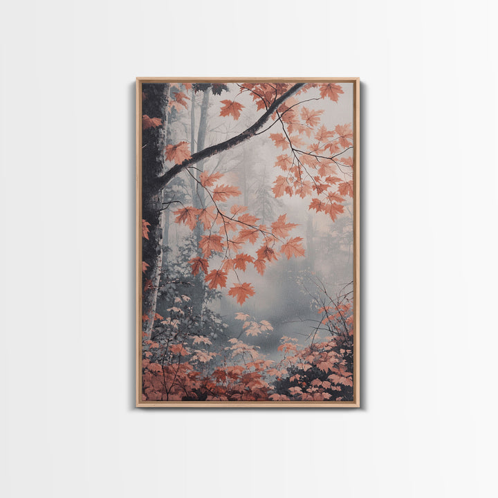 Framed Canvas Print of Fall Leaves on Branches in Misty Forest, Moody Landscape Wall Art, Fall Decor, Gift Idea, Farmhouse Seasonal Art