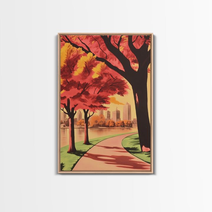 Canvas Print of City Park with Autumn Trees and Path, Seasonal Wall Art, Modern Farmhouse Decor, Best Gift Idea, Fall Cityscape Art