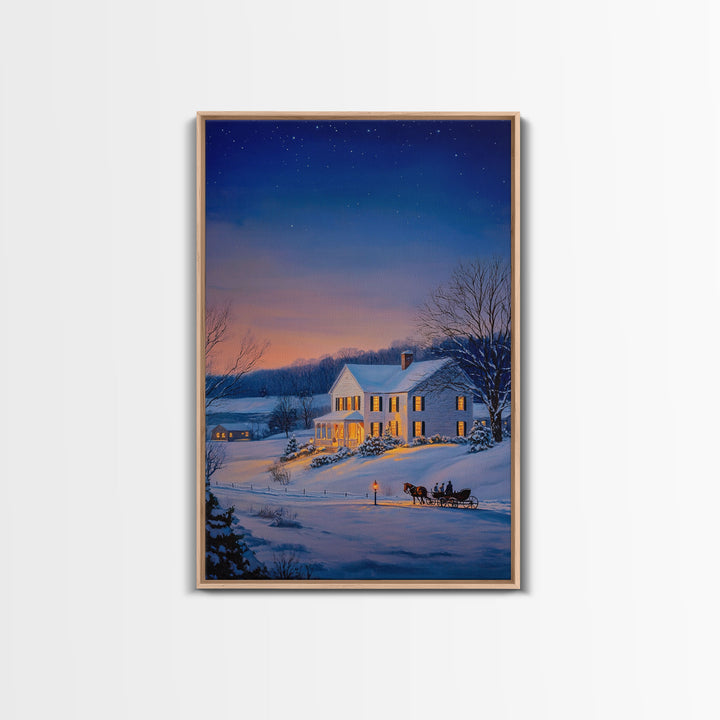 Cozy Snowy House Winter Landscape Framed Canvas Print Wall Art Christmas Decor, Country Christmas Art Gift, Winter Wonderland Art