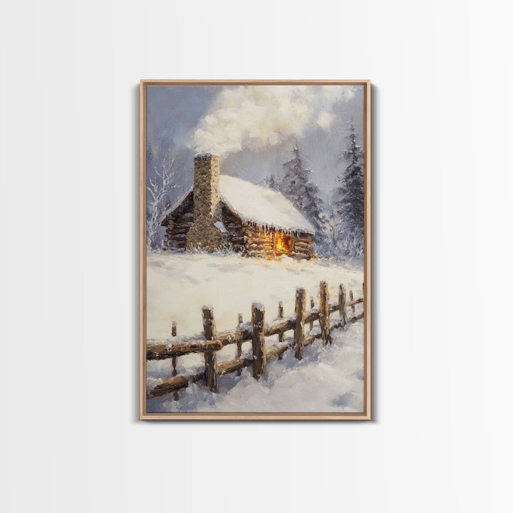Rustic Cabin In Snow Framed Canvas Print Wall Art Christmas Home Decor, Winter Landscape Art, Cozy Winter Cabin Scene