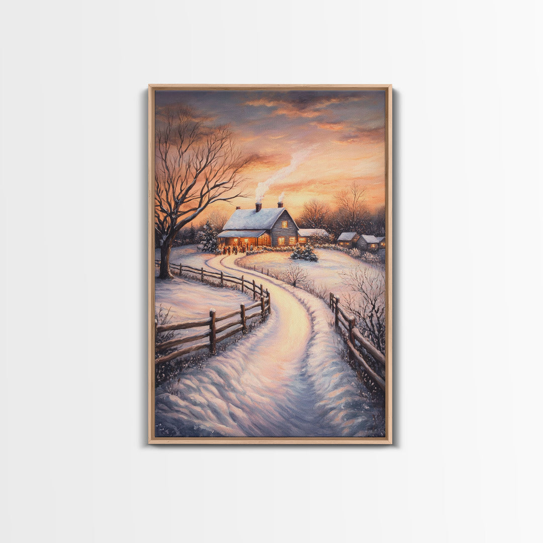 Snowy Path Leading To House Framed Canvas Print Wall Art Christmas Decor, Winter Holiday Art Gift, Cozy Christmas Wall Art