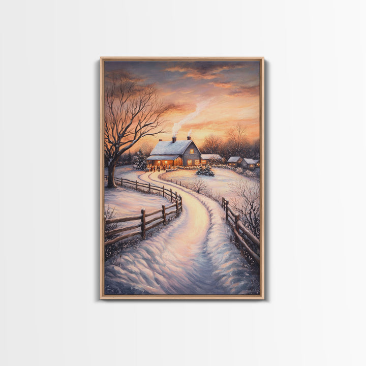 Snowy Path Leading To House Framed Canvas Print Wall Art Christmas Decor, Winter Holiday Art Gift, Cozy Christmas Wall Art