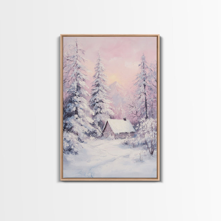 Pink Snowy Cabin Landscape Framed Canvas Print Wall Art Winter Wonderland Decor, Christmas Art Gift, Rustic Winter Scene Art