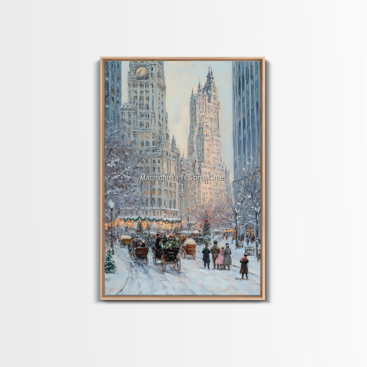 Historical City Winter Framed Canvas Print, Snowy Urban Landscape with Carriages and Victorian Architecture, Elegant Christmas Wall Art