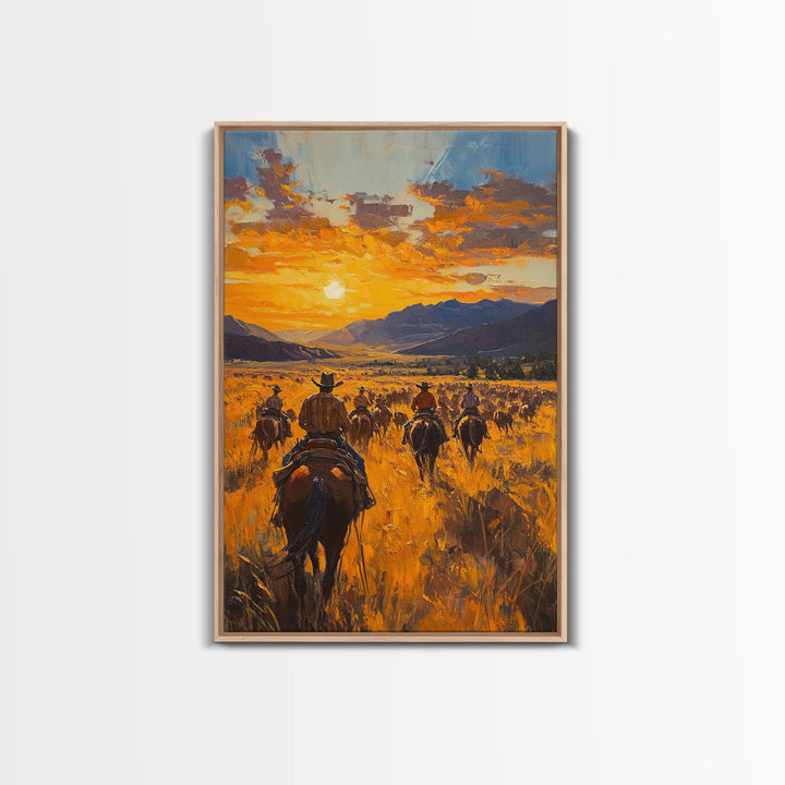 Cowboy Riders at Dusk Framed Canvas Print, Warm Sunset Western Scene with Riders on the Plains, Fall Decor Ranch Homes and Country Wall Art