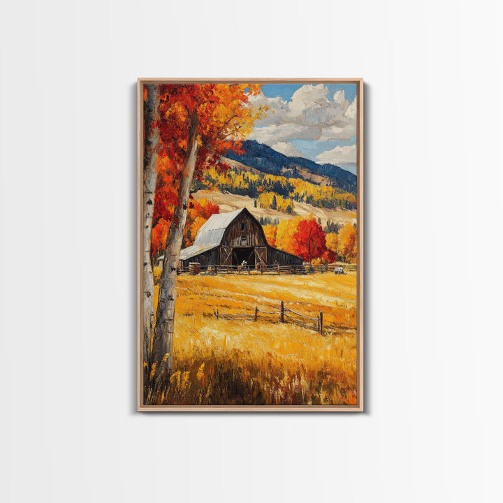 Countryside Barn in Autumn Framed Canvas Print, Bright Fall Landscape Birch Trees, Rustic Wall Art Country Home or Farmhouse Autumn Decor