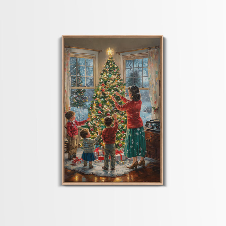 Retro Family Decorating Christmas Tree in Living Room, Classic Christmas Decor Scene, Perfect for Holiday Home, Framed Canvas Print