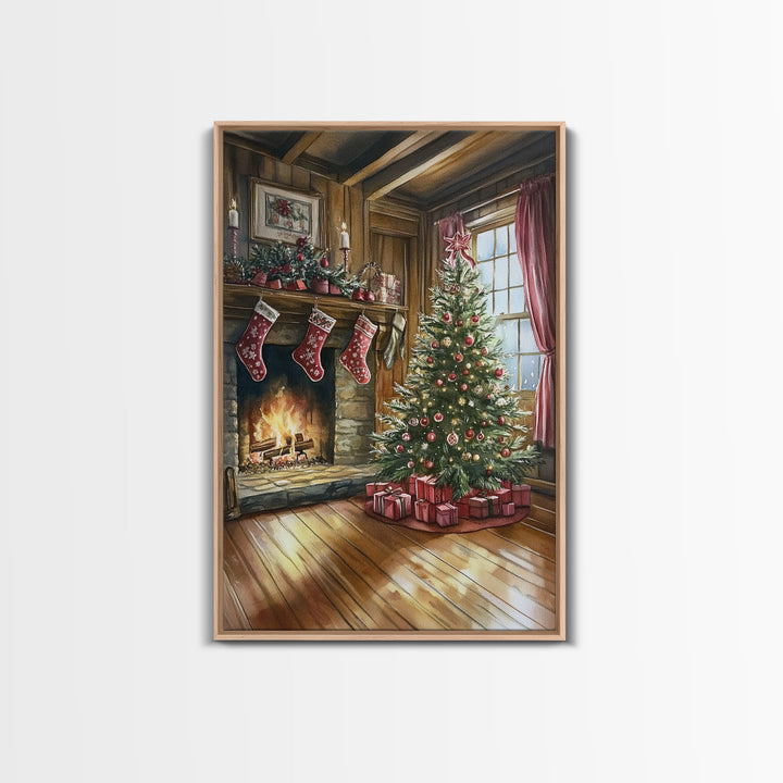 Cozy farmhouse Christmas interior Framed Canvas Print with tree stockings and fireplace, warm holiday art rustic Christmas decor mantle