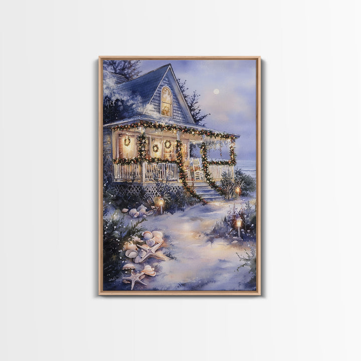 Charming beachfront cottage Christmas lights with wreaths Framed Canvas Print, beach house holiday wall art coastal Christmas decor
