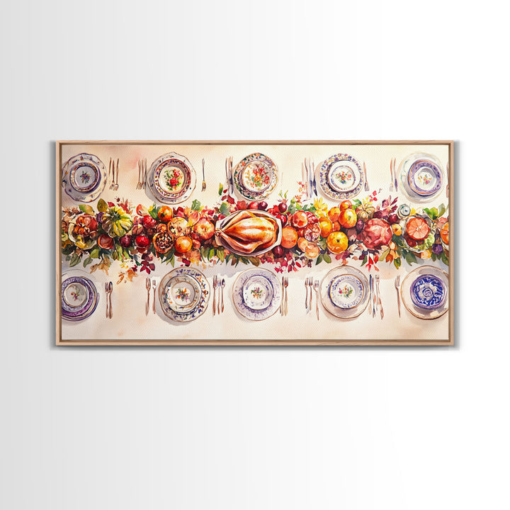 Festive Thanksgiving dinner table setting with colorful centerpiece, framed canvas print perfect autumn holiday decor wall art