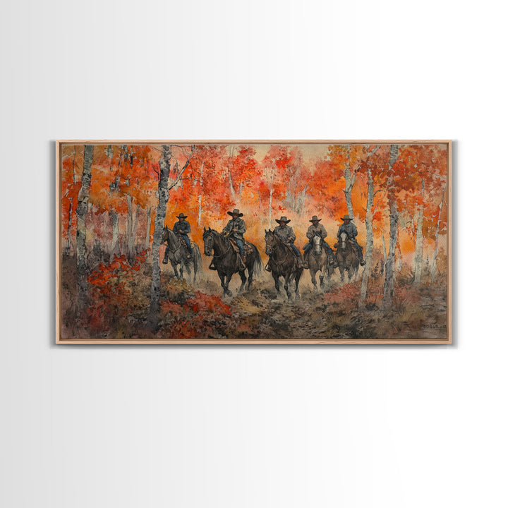 Framed Canvas Print Horseback Riders in Rustic Fall Forest, Cowboy Theme Wall Art, Autumn Home Decor, and Seasonal Canvas Wall Print