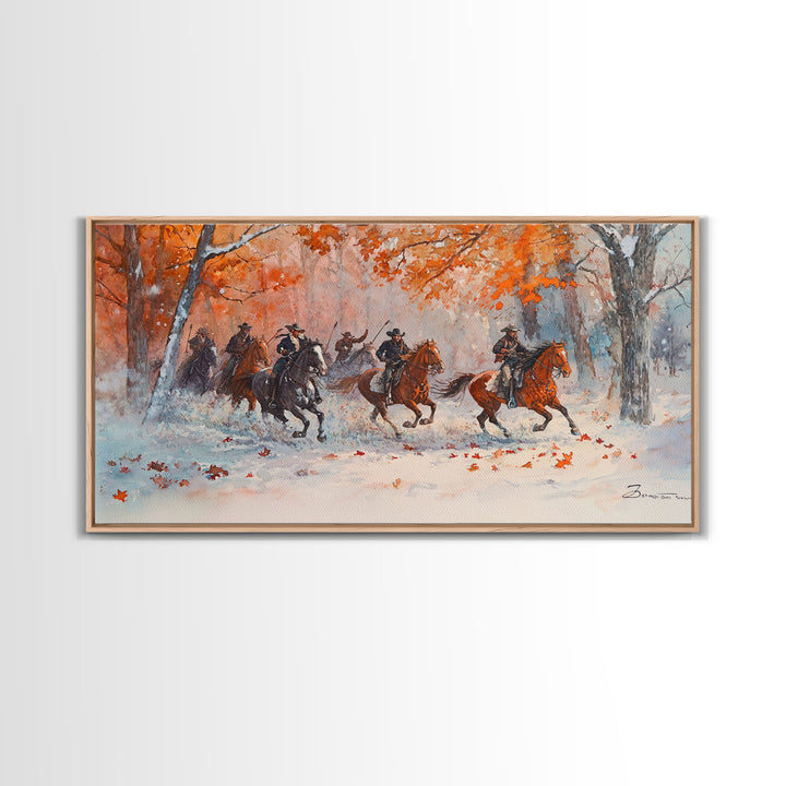 Framed Canvas Print Fall Forest Cowboys in Vibrant Autumn Colors, Perfect Autumn Wall Art, Rustic Home Decor, and Seasonal Cowboy Art