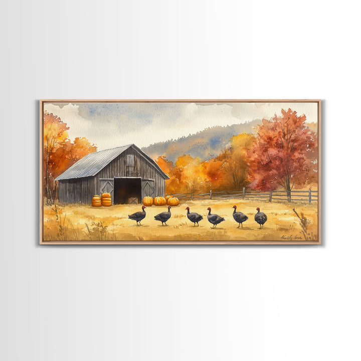 Framed Canvas Print Rustic Barn with Pumpkins and Turkeys, Perfect Autumn Farmhouse Decor, Fall Wall Art, Country Autumn Scene