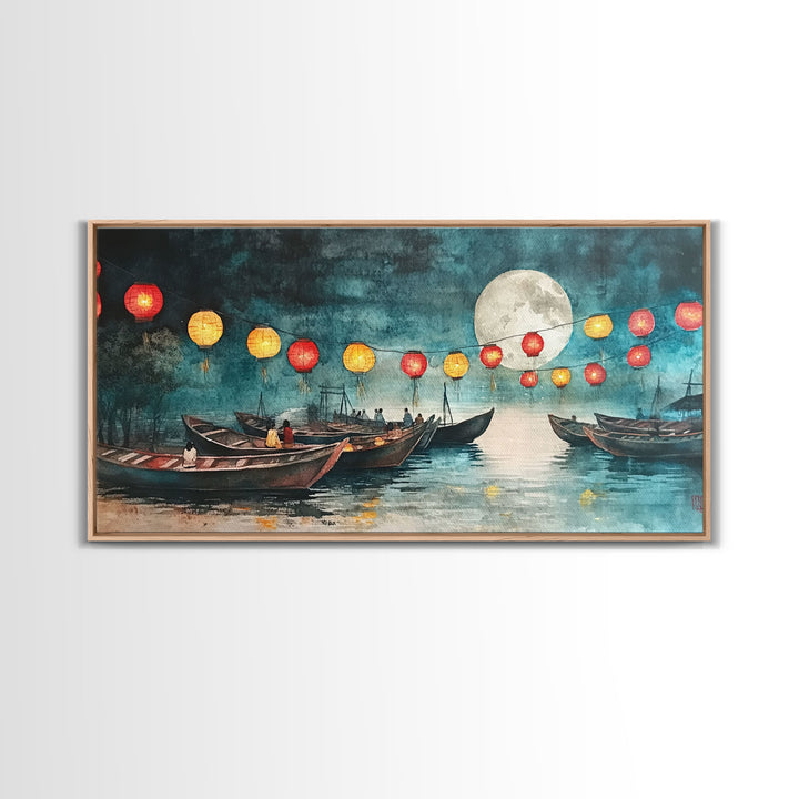 Framed Canvas Print Full Moon Lanterns on Boats, Dreamy Night Scene, Watercolor Christmas Art, Unique Holiday Decor, Coastal Christmas