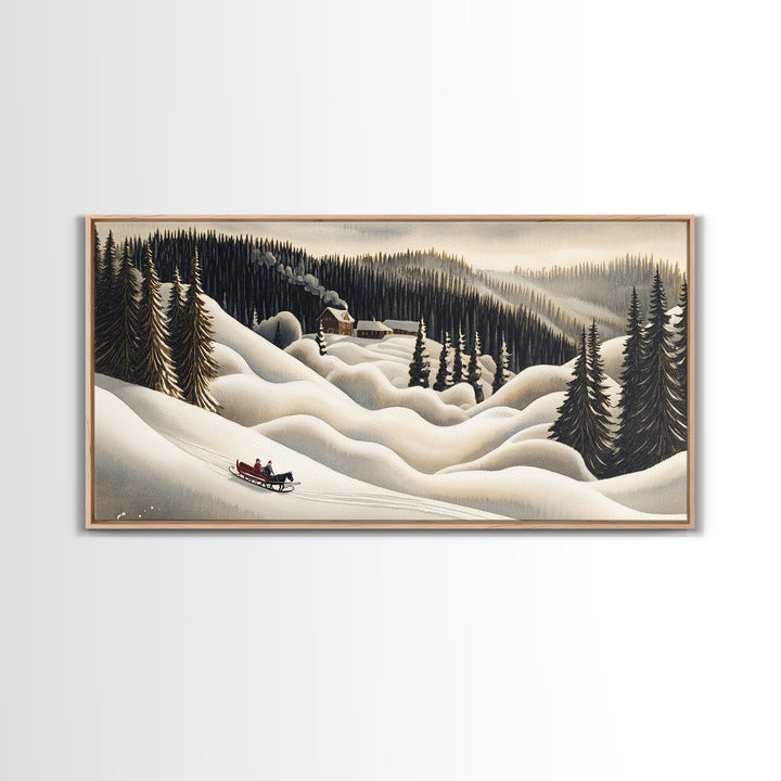 Framed Canvas Print Snowy Mountain Sleigh Ride, Winter Wonderland Wall Art, Christmas Home Decor, Vintage Holiday Scene