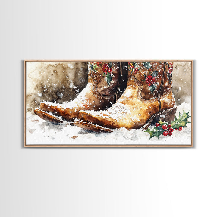 Rustic Cowboy Boots with Holly Framed Canvas Print Christmas Decor Western Holiday Wall Art Vintage Christmas Art Gift Idea 2024