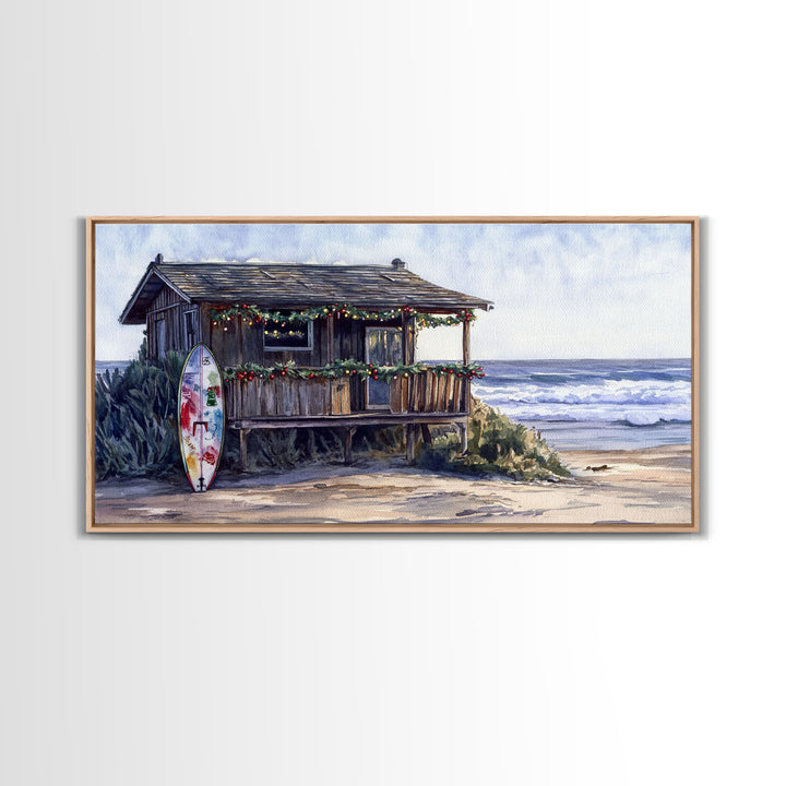 Christmas beach art Framed Canvas Print tropical Christmas decor holiday wall art Christmas vacation gift idea vintage Christmas wall art