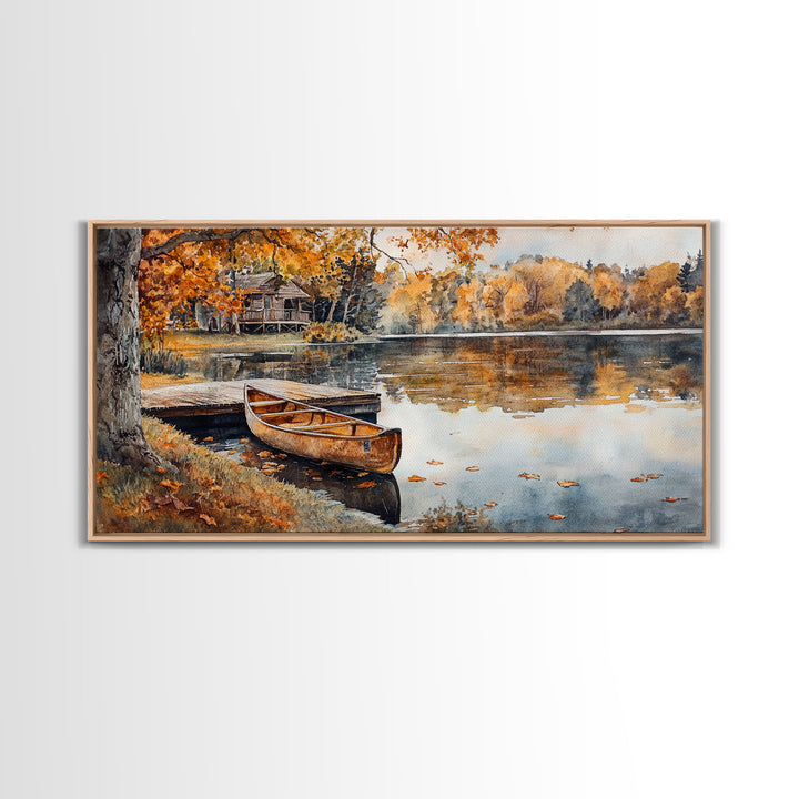 Fall lake house decor Framed Canvas Print serene lakeside cabin canoe rustic autumn wall art seasonal decor gift idea cozy fall home decor
