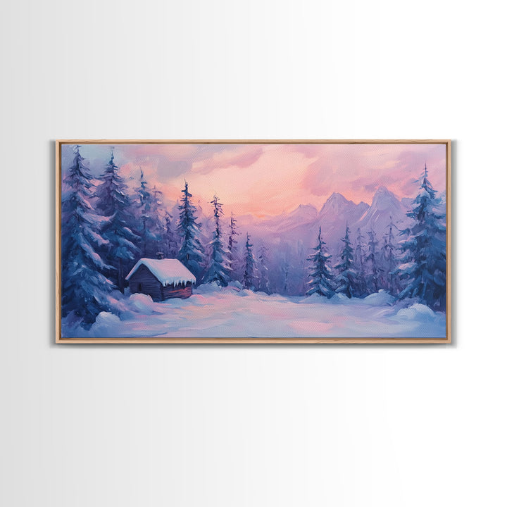 Cozy Cabin Surrounded By Winter Trees Tall Art Framed Canvas Print Serene Snowy Forest Cabin Landscape With Warm Interior Lights