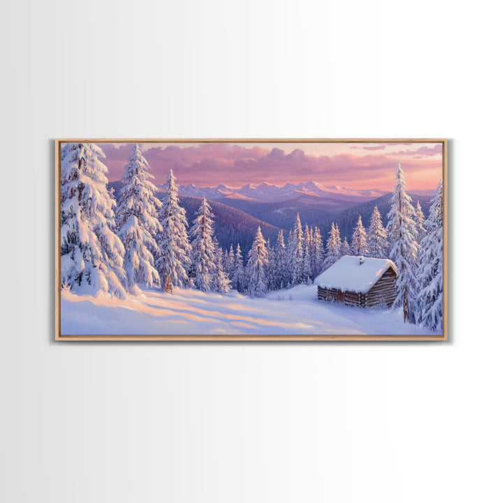 Mountain Cabin At Sunrise Tall Art Framed Canvas Print Winter Snow Covered Trees And Cabin In Mountains With Pastel Sky