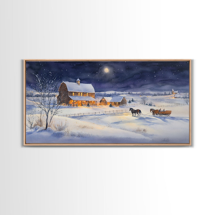 Horse and Barn in Snowy Christmas Scene, Framed Canvas Print, Winter Christmas Decor, Farmhouse Christmas, Rustic Holiday Art, Wall Art