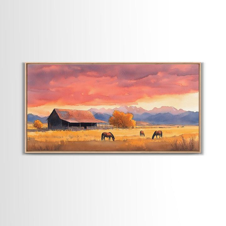 Rustic Mountain Barn Sunset Canvas Print | Autumn Farmhouse Wall Art | Fall Home Decor | Holiday Art Gift | Framed Canvas Print Wall Decor