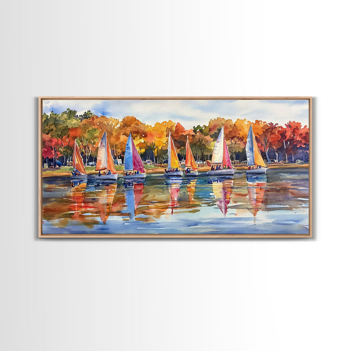 Sailboats on autumn lake, framed canvas print, colorful fall decor, nautical wall art for fall home, rustic autumn wall art, gift idea