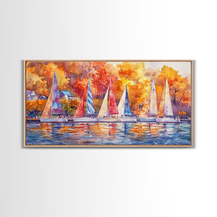 Sailboats in autumn harbor framed canvas print, colorful fall decor, rustic nautical wall art, autumn home decor, fall landscape wall art