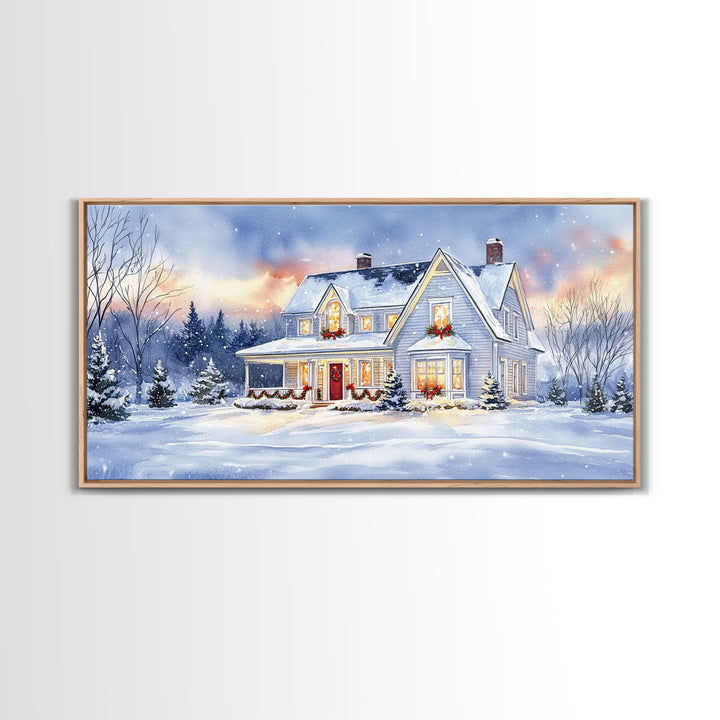 Cozy Winter House with Snowy Landscape, Christmas Decor, Framed Canvas Print, Farmhouse Christmas Decor, Seasonal Wall Art, Gift Idea
