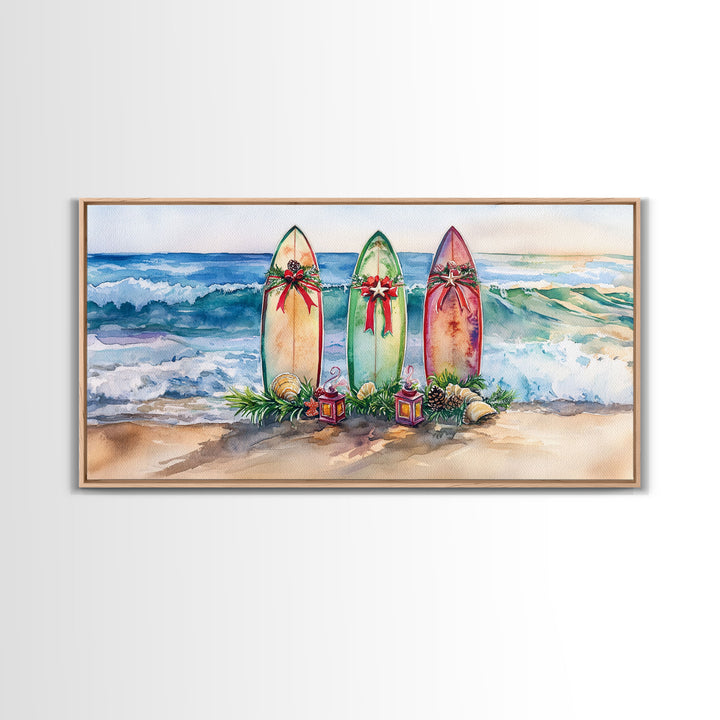 Beach Christmas Decor with Surfboards, Tropical Christmas Art, Framed Canvas Print, Watercolor Wall Art, Coastal Holiday Decor Art Gift Idea