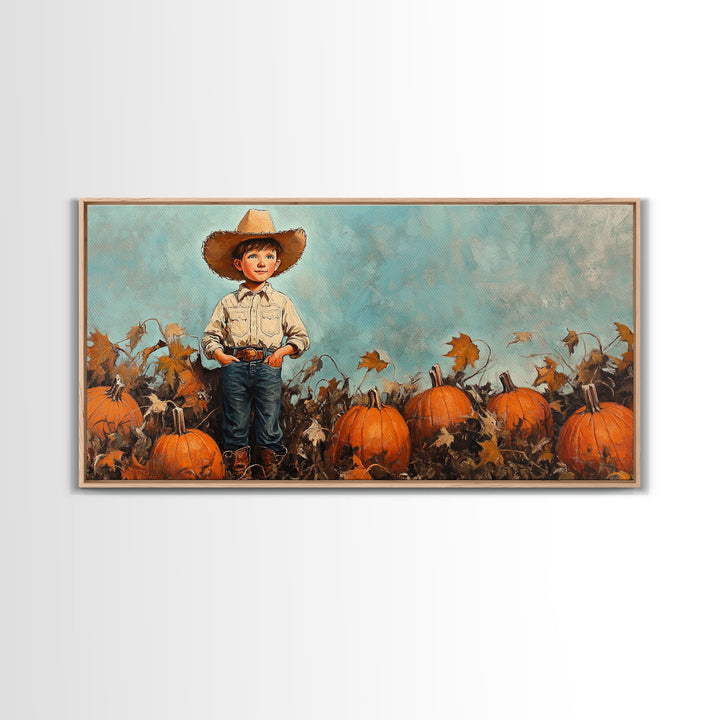Cowboy Boy with Pumpkins Framed Canvas Print, Fall Wall Art, Rustic Farmhouse Decor, Vintage Harvest Print, Gift Idea, Holiday Home Decor
