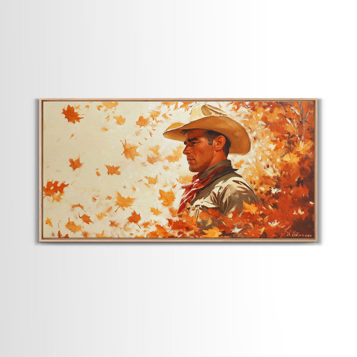 Cowboy and Fall Leaves, Framed Canvas Print Seasonal Wall Art Christmas Cowboy Gift Winter Landscape Wall Decor