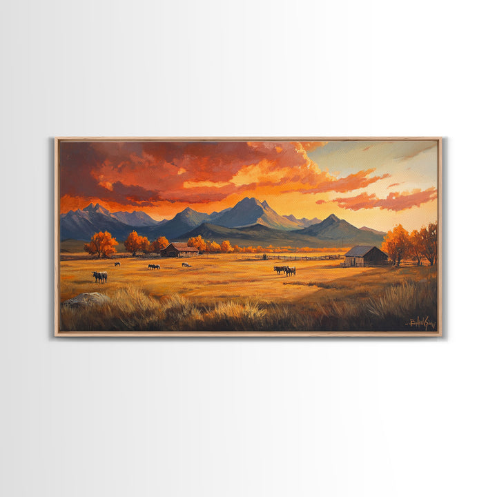 Fall Sunset Framed Canvas Print Scenic Ranch Landscape Art Autumn Wall Decor Ideal Holiday Home Decor and Gift for Farmhouse Style