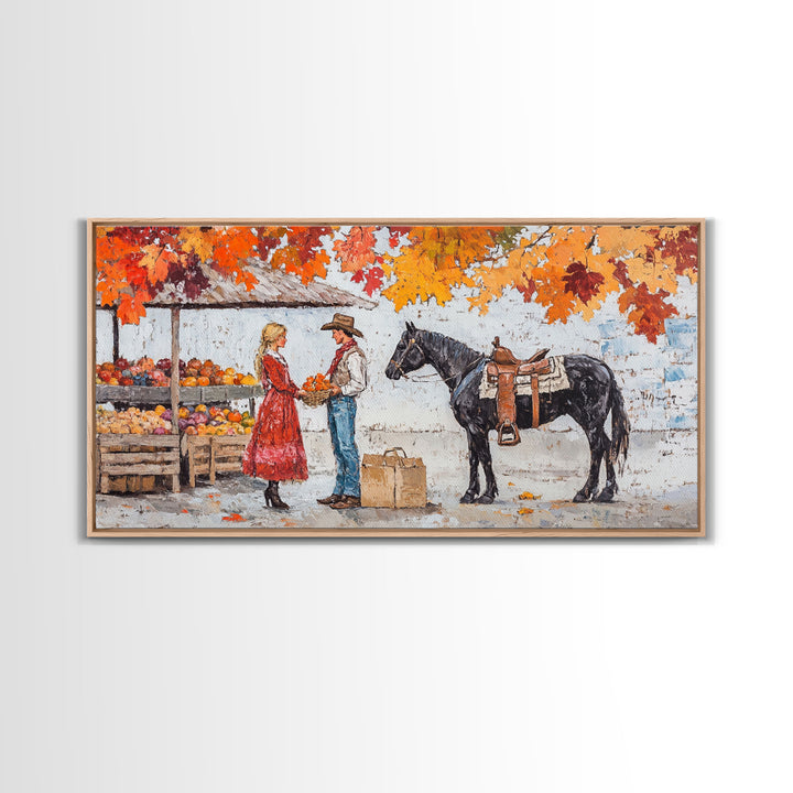 Cute Cowboy & Cowgirl Meet At The Market, Autumn Landscape Fall Colors Horse Rider Wall Art Rustic Fall Wall Decor, Framed Canvas Print