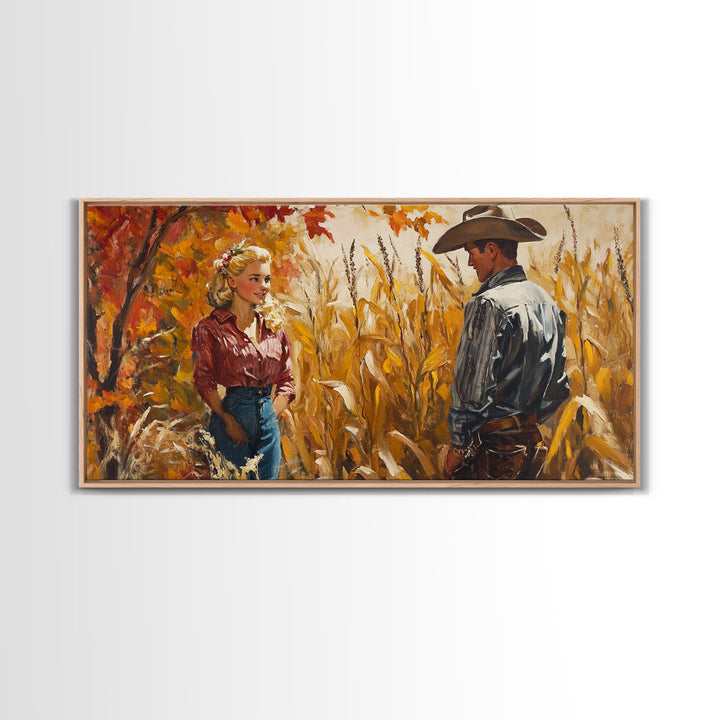 Cowboy & Cowgirl In Love, Framed Canvas Print, Vintage Holiday Winter Wall Art Western Christmas Decor