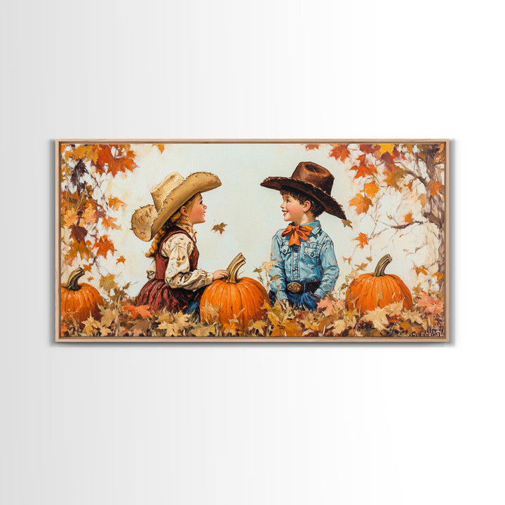 Cute Cowboy and Cowgirl In a Pumpkin Patch, Framed Canvas Print, 1950s Style Wall Art, Nursery Decor
