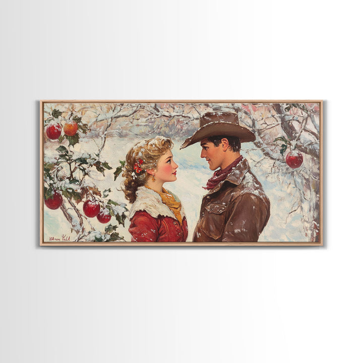 Cowboy and Cowgirl meet under the mistletoe, framed canvas print, cute winter wall art, Christmas home decor, seasonal rustic decor