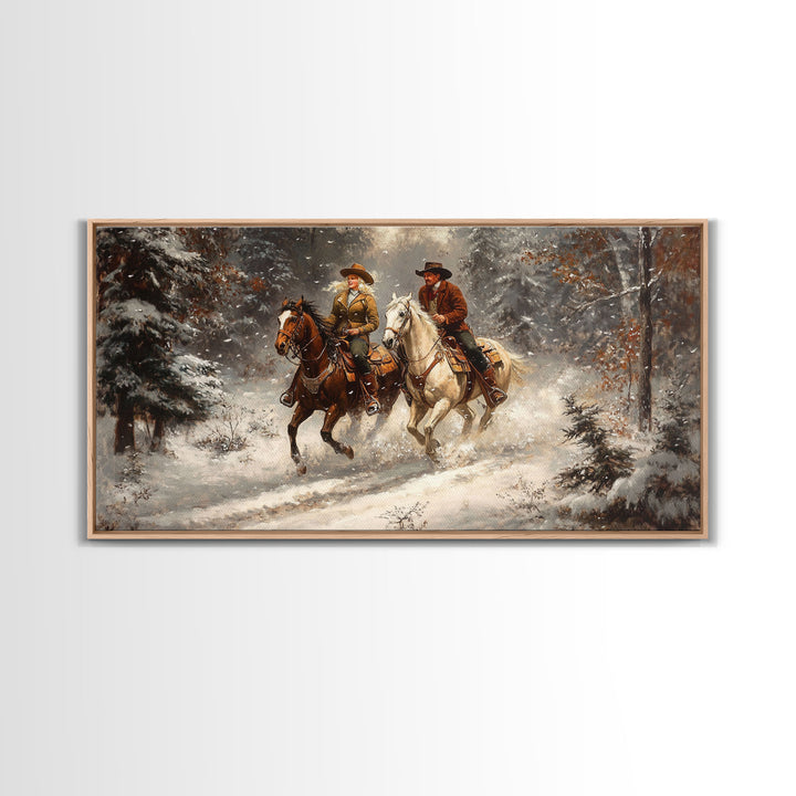 Riders In The Snow, Framed Canvas Print, Rustic Wall Decor, Primitive Art, wall art, warm fall colors, western decor, rustic farmhouse