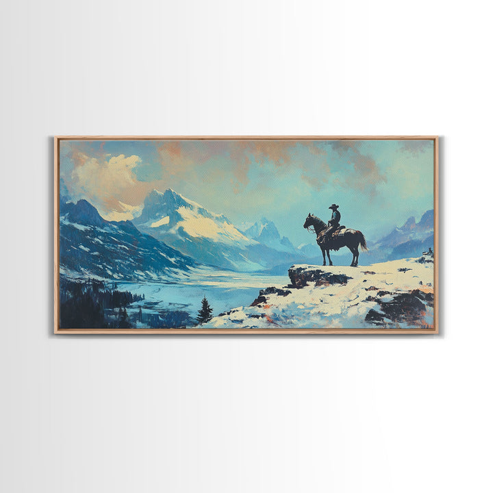 Smiling cowgirl in snow with autumn trees, Framed Canvas Print, rustic wall art winter autumn, tall art piece farmhouse country decor