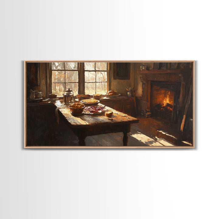 Cozy Kitchen Framed Canvas Print Autumn Fireplace Rustic Home Decor Seasonal Fall Art Large Wall Art Gift for Thanksgiving Decor