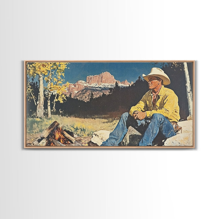 Bold monochromatic Framed Canvas Print showcasing a woman in a cowboy hat with horses in a snowy mountain landscape, rustic winter wall art