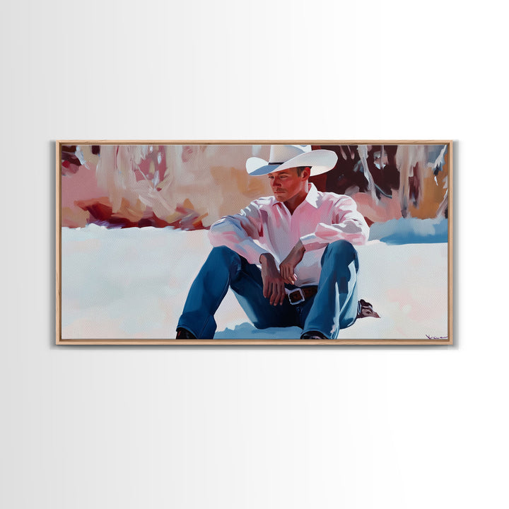 Fall harvest Framed Canvas Print featuring a cowgirl sitting among pumpkins in a rustic setting, farmhouse autumn decor and wall art