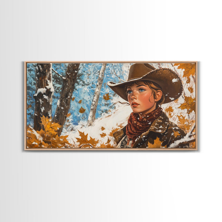 Western-inspired Framed Canvas Print of a woman on horseback in a snowy mountain landscape, holiday wall art and winter wonderland vibes