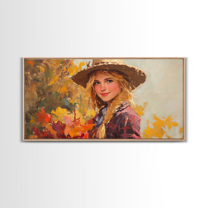 Cowgirl Amongst The Fall Leaves, Framed Canvas Print, Serene Fall Wall Decor, Perfect Rustic Seasonal Wall Art and Gift Idea