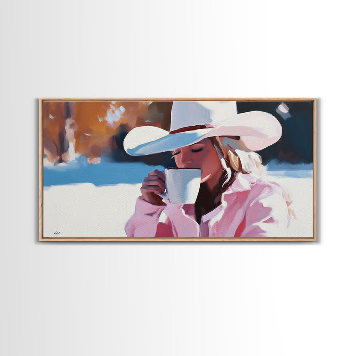 Cowgirl Enjoying A Cup of Coffee, Framed Canvas Print, Winter Wall Art, Pink Decor, Gift For Her, Seasonal Winter Home Decor